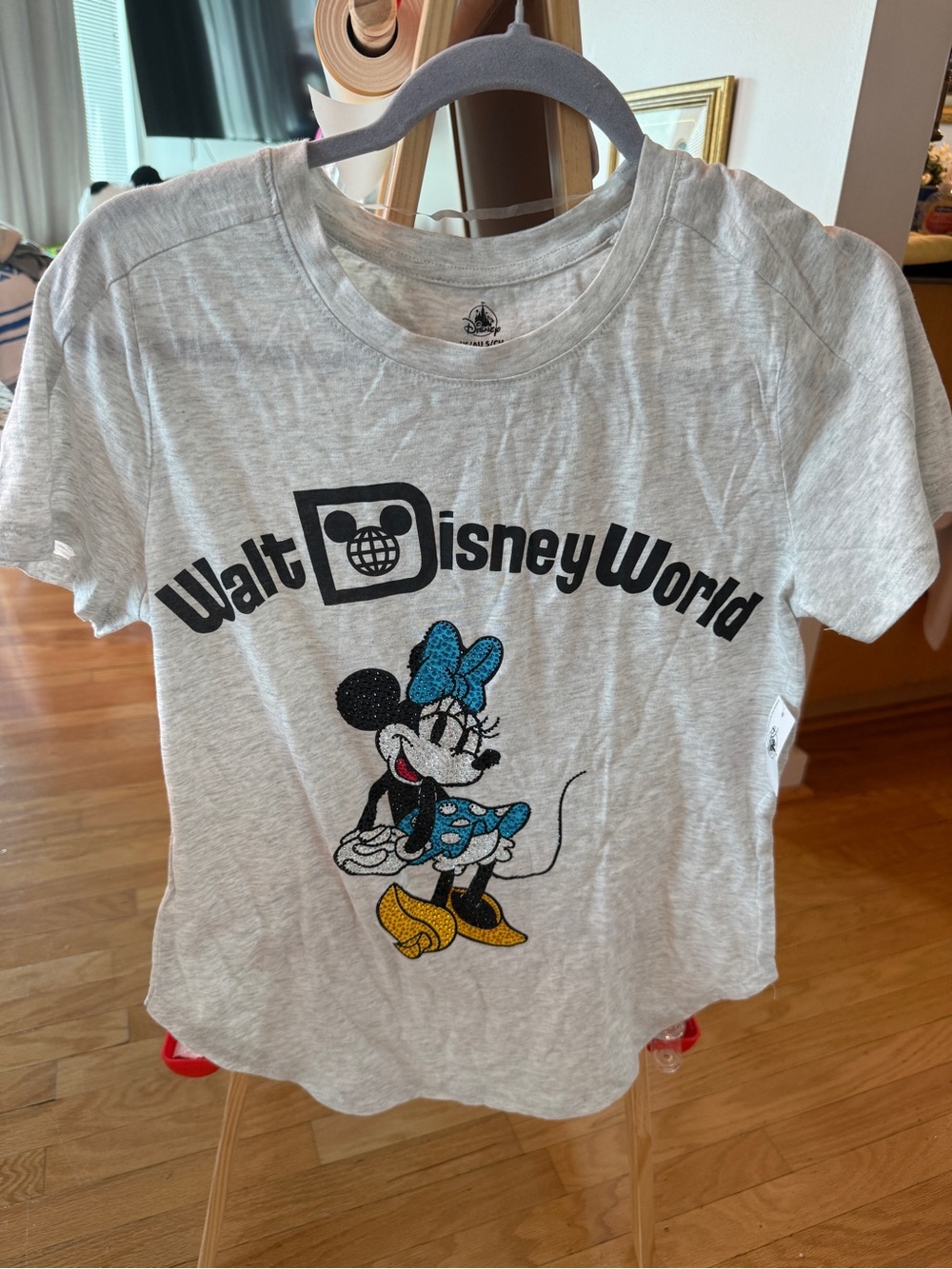 NWT Disney World Minnie Mouse Rhinestone Blue Bow Gray T-Shirt Small